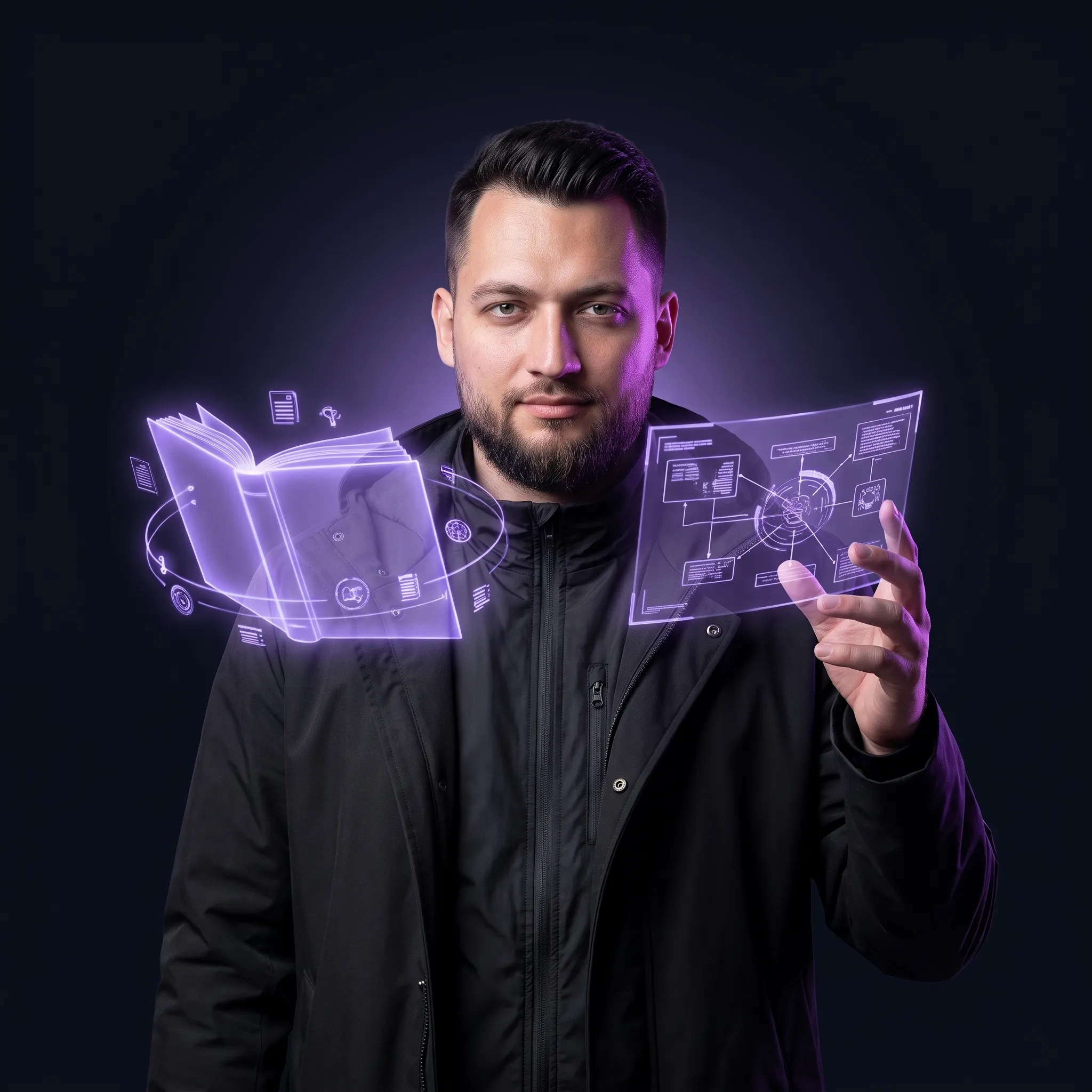 Jihad Ftouny as the AI Instructor class, in violet light