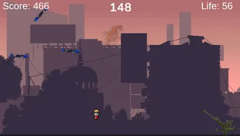Airstrike Defense gameplay: a silhouetted city skyline at dusk with planes overhead and a score readout