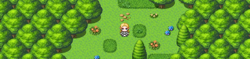 Elvish Rootings gameplay: a character on a forest path in a top-down pixel-art world
