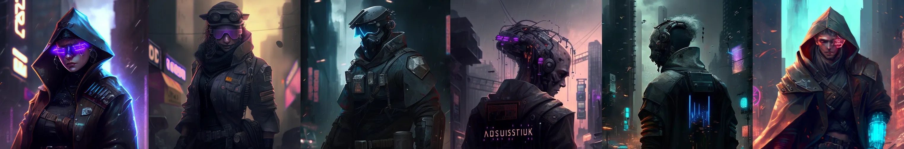 Six character portraits from The Void, hooded cyberpunk figures in neon-lit streets